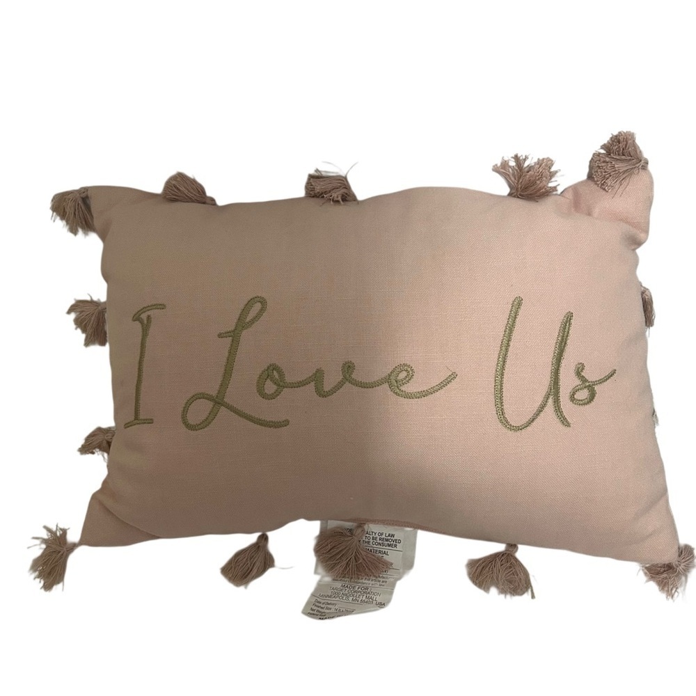 "I Love Us" Embroidered Tassel Lumbar Pillow - Blush Pink